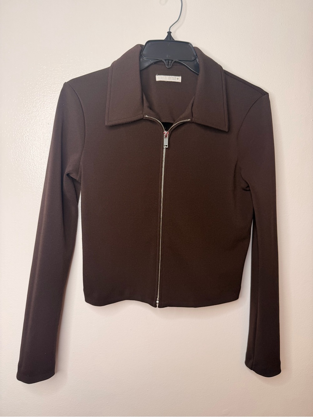 Zara Brown Zip-Front Long Sleeve Top